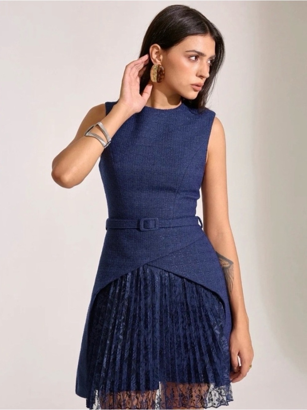 Commense Navy Sleeveless Belted Lace-Trim Mini Dress